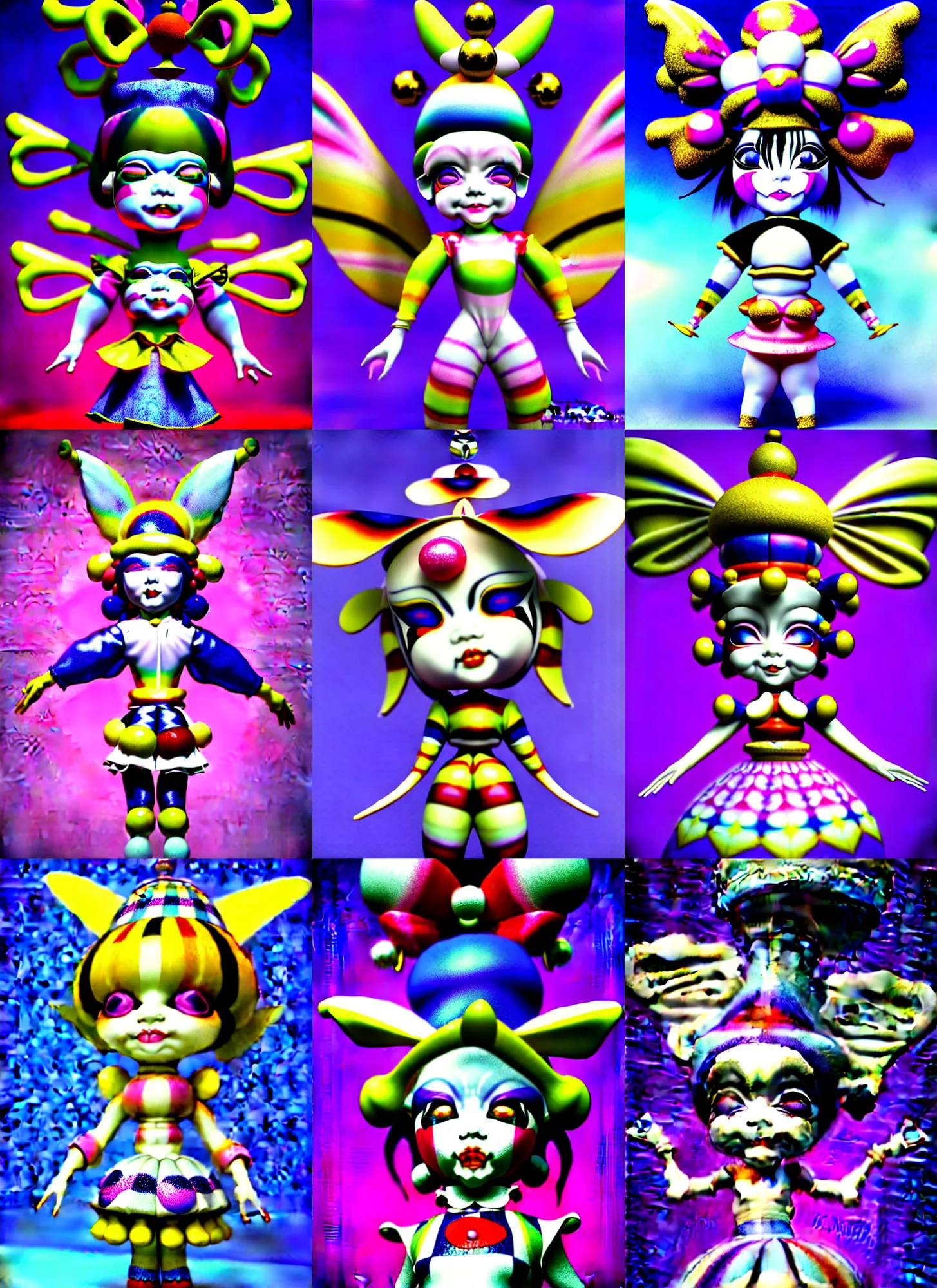 Prompt: 3d render of chibi 'porcelain jester harlequin doll' by Ichiro Tanida wearing a 'jester cap and bells' and wearing angel wings against a psychedelic swirly background with 3d butterflies and 3d flowers n the style of 1990's CG graphics 3d rendered y2K aesthetic by Ichiro Tanida, 3DO magazine