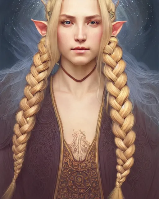 Prompt: portrait of a half elf girl with long blonde braided hair, monk clothing, intricate, elegant, highly detailed, digital painting, artstation, concept art, smooth, sharp focus, illustration, art by artgerm and greg rutkowski and alphonse mucha and uang guangjian and gil elvgren and sachin teng and wlop, symmetry