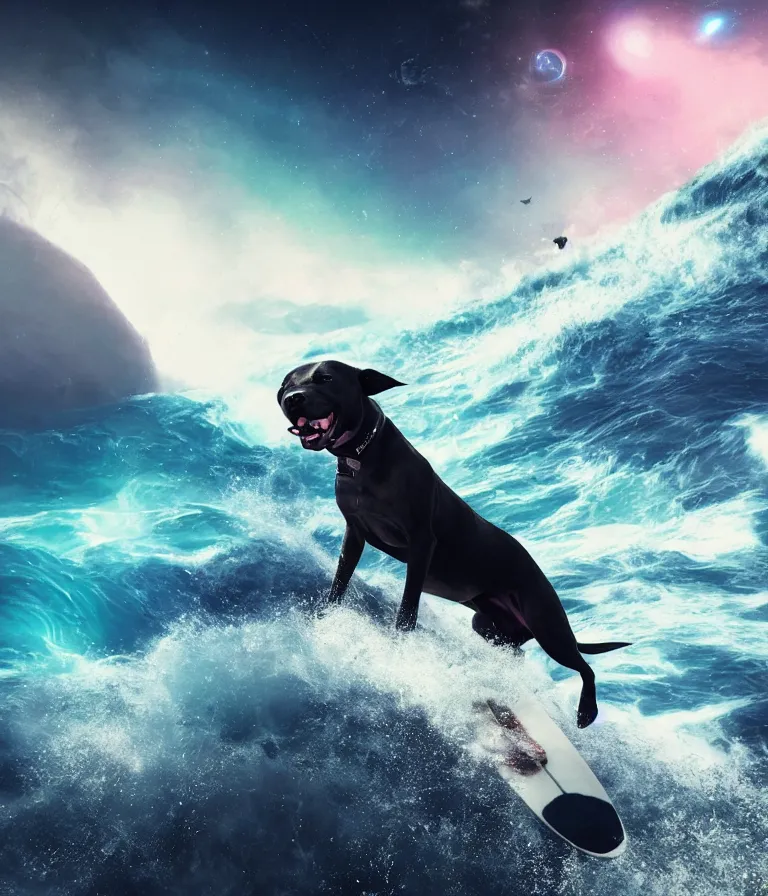 Image similar to photo of a dark gray coat pit bull with a white paws and a white nose!, surfing on a surfboard in a crashing wave of alien galaxy, trending on art station, ocean in space, background is an alien galaxy, aliens in the background, alien colors, octane render, unreal engine, wide view, 8 k, highly detailed