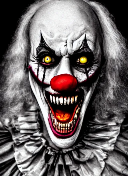 Prompt: a terrifying killer clown with hundreds of razor sharp teeth looming in the dark at night, scary, terrifying, hyper realistic, dark, shadows, murder, coulrophobia
