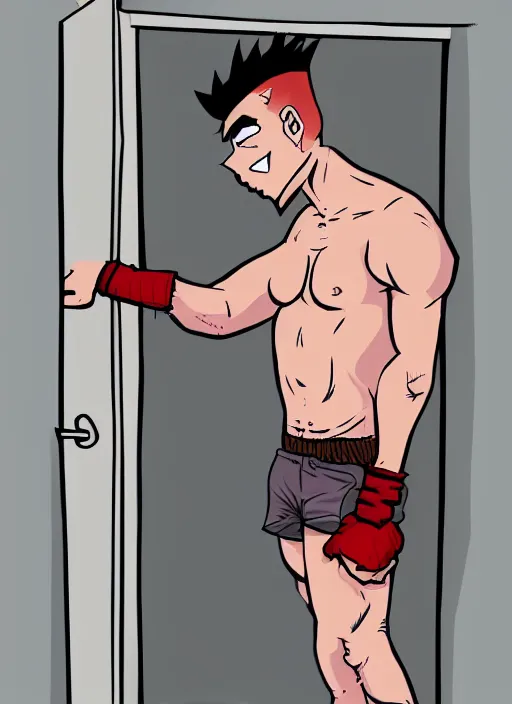 Prompt: a young man of 2 5 years old, with a bruised face and bruises, is standing in a doorway in a boxer's stance, casual clothing style, hairstyle red mohawk, draw style, cold colors, comics style, angry 8 k