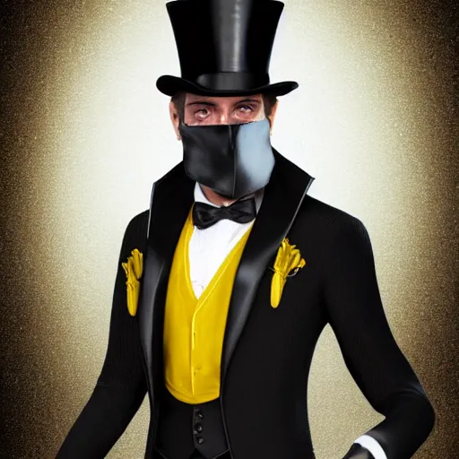 Image similar to a highly detailed portrait of a man in a high top hat covering his face, in a black tailcoat with a yellow waistcoat under the tailcoat, artstation, deviantart, professional, unreal engine 5, photorealistic