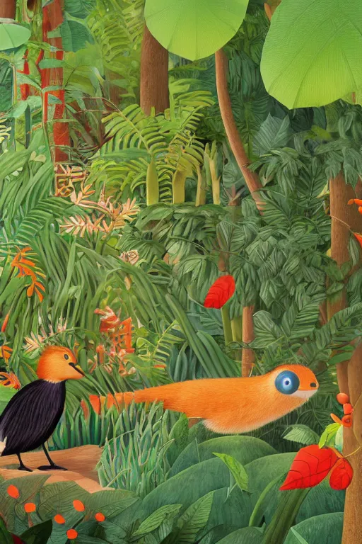 Image similar to rare bird in the jungle, highly detailed, unreal engine render concept art, style of henri rousseau and richard scarry and hiroshi yoshida