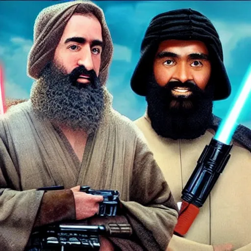 Image similar to star wars movie poster with osama bin laden and george bush