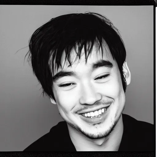 Image similar to very old photo of joji grinning at the camera with his head being slightly tilted to the right, lots of grain, red reflection in eyes, dark pitch black background, in te style of the album ballads 1.