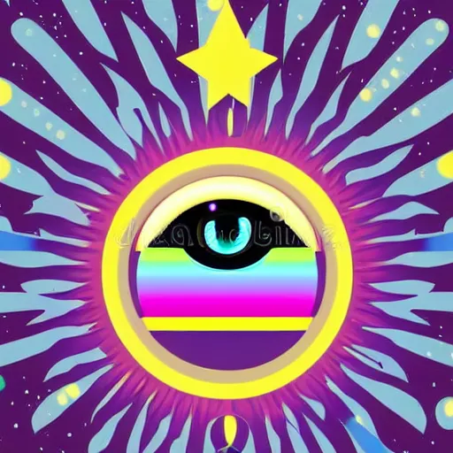 Prompt: a glowing colorful minimal elegant crown sitting on a table with one large beautiful eye on top of it like a jewel, stars on top of the crown, night time, vast cosmos, geometric light rays exploding outwards into stars, bold black lines, flat colors, minimal psychedelic 1 9 5 0 s poster illustration