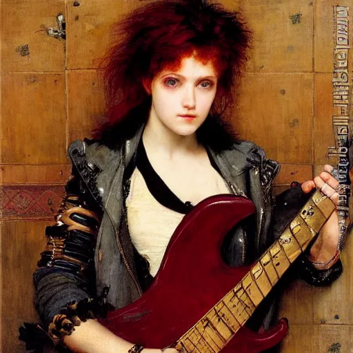 Image similar to Redhead punk girl wearing punk leather jacket playing electric guitar at dusk, oil painting by Lawrence Alma-Tadema and Fernanda Suarez and Edgar Maxence, masterpiece