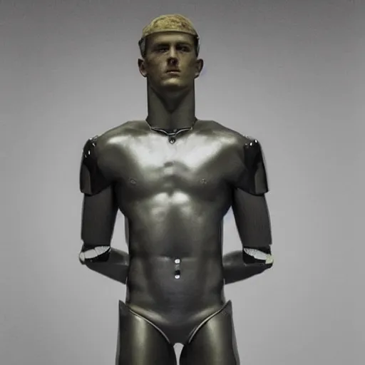 Image similar to “ a realistic detailed photo of a guy who is an attractive humanoid who is half robot and half humanoid, who is a male android, football player christian mccaffrey, shiny skin, posing like a statue, blank stare, at the museum, on display ”