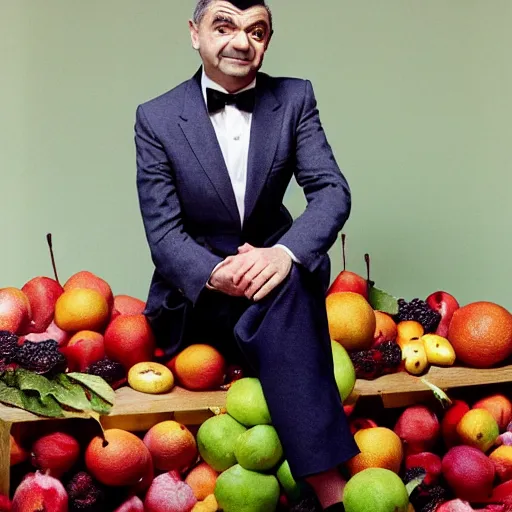 Image similar to vogue photoshoot of rowan atkinson wearing fruit