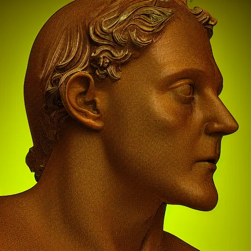 Image similar to head of a renaissance statue in a huge neon ring, 3 d render