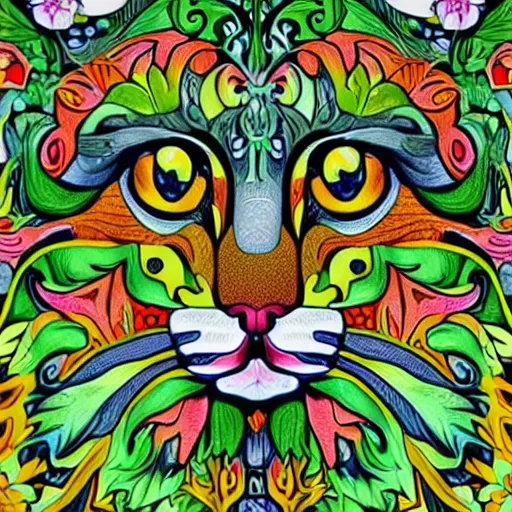 Image similar to colourful ornate decorative green man as a cat face by louis wain and william morris, closeup, twisting leaves, 8 k, artstation