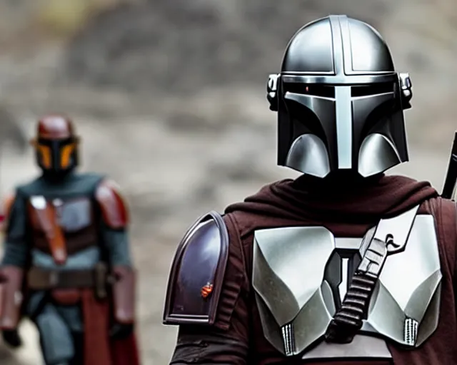 Image similar to a mandalorian is looking at the helmets