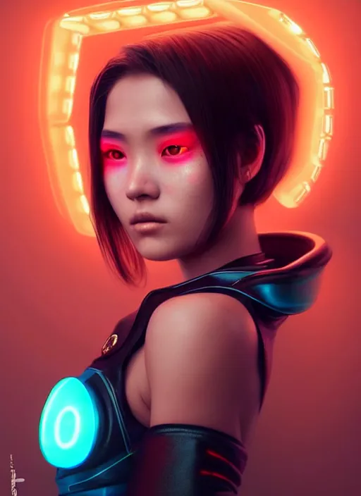 Image similar to photorealistic portrait of oriental female humanoid with freckle cheeks, cyber neon lightings, highly detailed, cyberpunk high fashion, elegant, crispy quality, trending in artstation, trending in pinterest, glamor pose, no signature, no watermark, cinematic, octane render, art by artgerm, art by greg rutkowski, art by pascal blanche