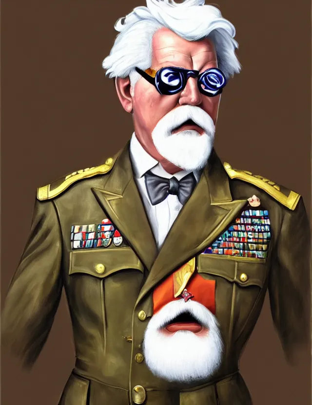 Image similar to a portrait of colonel sanders wearing a military uniform and an eyepatch, by moebius and tyler edlin and hr giger, trending on artstation, digital art, 4 k resolution, detailed, high quality, sharp focus, hq artwork, coherent, insane detail, concept art