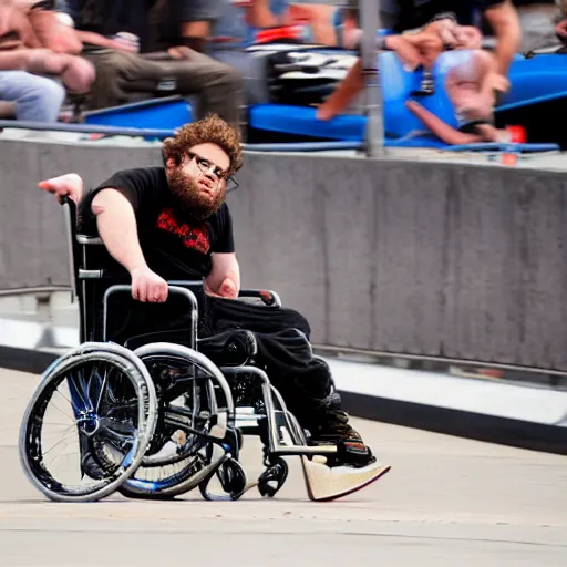 Prompt: seth rogan in a wheelchair at x - games magazine action photo