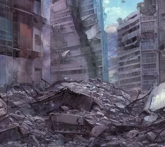 Image similar to an iPhone smartphone in the rubble, ruins. Anime, Makoto Shinkai