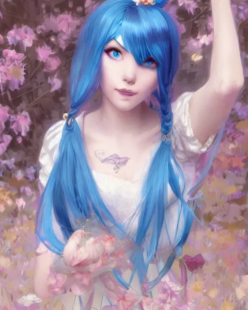 Prompt: pretty girl with blue hair, rem rezero dressed as alice and wonderland, digital painting, 8 k, concept art, art by wlop, artgerm, greg rutkowski and alphonse mucha