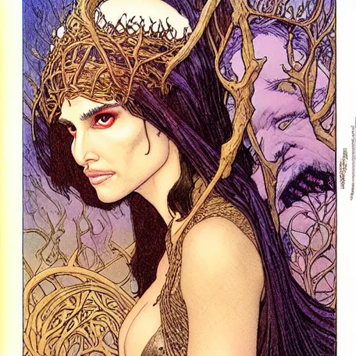 Image similar to a realistic portrait of natalie portman as a druidic wizard looking at the camera with an intelligent but seductive gaze by rebecca guay, michael kaluta, charles vess and jean moebius giraud