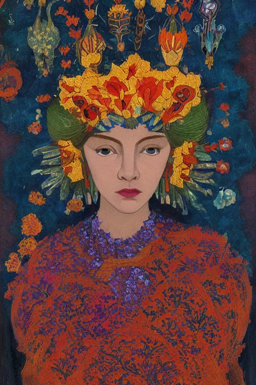 Prompt: queen of flowers, by Tino Rodriguez and Annie Swynnerton, and Nicholas Roerich, elaborate headdress and embroidered velvet, iridescent beetles, rich color, dramatic cinematic lighting, extremely detailed