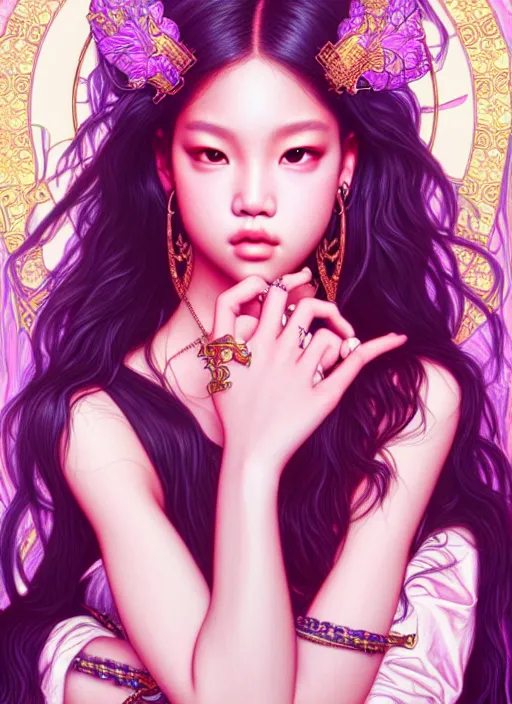 Prompt: jennie of blackpink, queen, tarot card, highly detailed, digital painting, smooth, sharp focus, illustration, ultra realistic, unreal engine, 8 k, art by artgerm and alphonse mucha