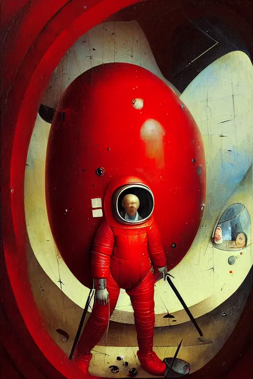 Prompt: hieronymus bosch, greg rutkowski, anna podedworna, painting of a red spacesuit with a large backpack and a large mirrored visor, crawling out of a vent in a space ship