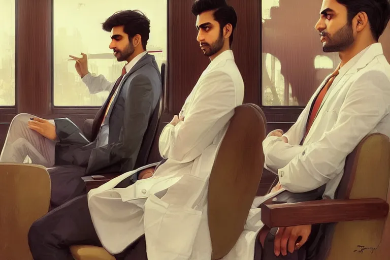 Image similar to Anxious good looking pale young Indian doctors wearing suits at the airport, portrait, elegant, intricate, digital painting, artstation, concept art, smooth, sharp focus, illustration, art by artgerm and greg rutkowski and alphonse mucha