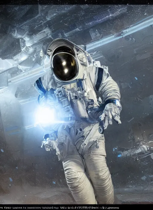 Image similar to concept art by craig mullins astronaut in futuristic dark and empty spaceship underwater. infrared glowing lights. complex and hyperdetailed technical suit. reflection and dispersion materials. rays and dispersion of light. volumetric light. 5 0 mm, f / 3 2. noise film photo. flash photography. unreal engine 4, octane render. interstellar movie art