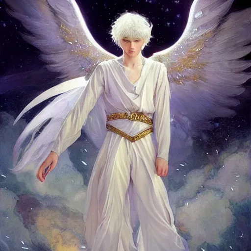 Image similar to harmony of white haired angel yoongi wearing greek clothes, muted colors, sparkles everywhere, big wings, dynamic hair movement, dynamic pose, holographic space, glowing effect, j. c leyendecker, by alan lee, wlop! illustrated by starember, fantasy art by craig mullins