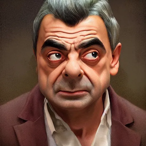 Image similar to upper body portrait of a hulking herculean chiseled mr bean rowan atkinson, cinematic lighting, photorealistic, octane render, 8 k, depth of field, 3 d, art by artgerm and greg rutkowski and alphonse mucha and uang guangjian and gil elvgren and sachin ten