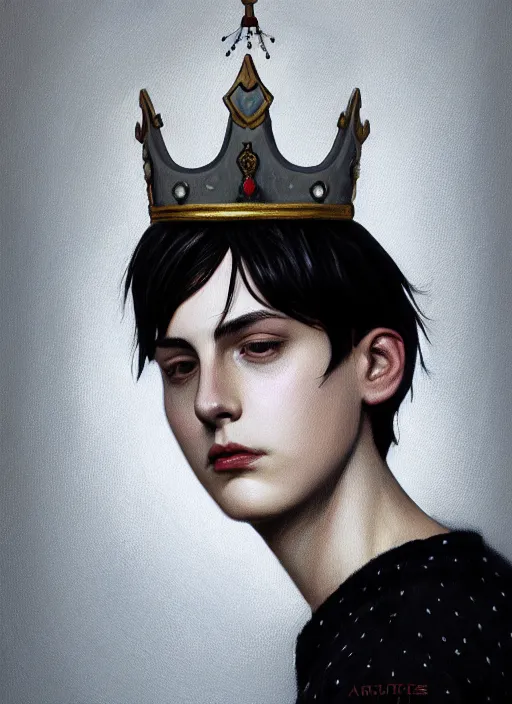 Image similar to portrait of teenage jughead jones wearing a light grey crown, photorealistic, crown, eyes closed, crown, black hair, intricate, elegant, glowing lights, highly detailed, digital painting, artstation, concept art, smooth, sharp focus, illustration, art by wlop, mars ravelo and greg rutkowski