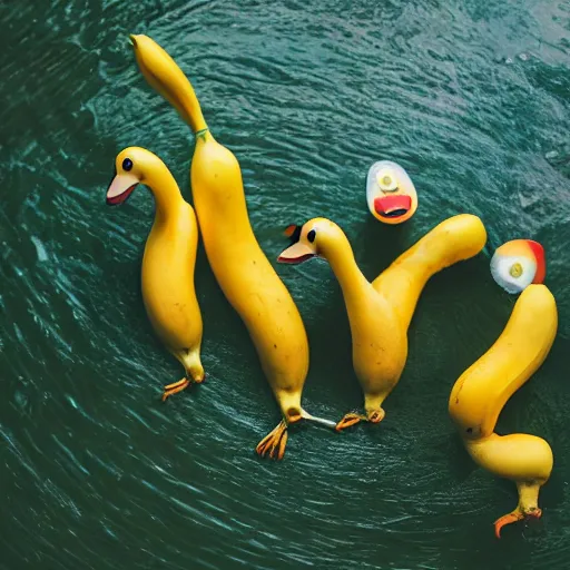 Image similar to professional photograph of banana ducks, peeled bananas with googly eyes and duck beaks