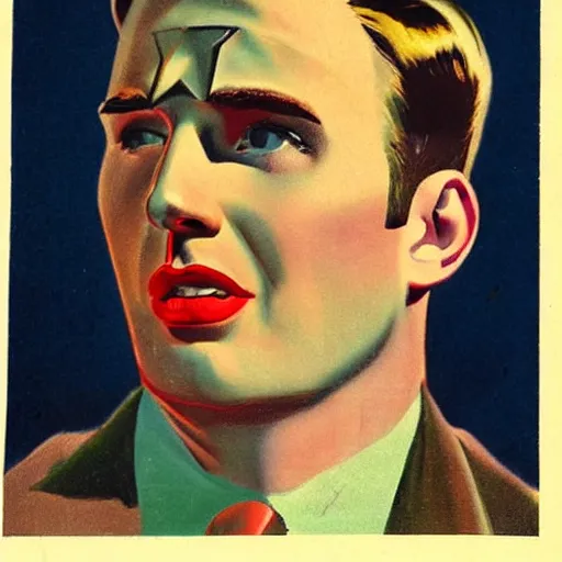 Image similar to Chris Evans portrait, color vintage magazine illustration 1950