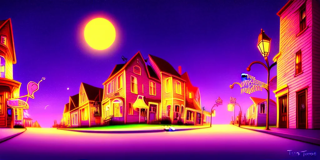 Image similar to curved perspective digital art of a summer night small town street pastel colors from tim burtons nightmare before christmas by petros afshar, 1 5 º camera angle