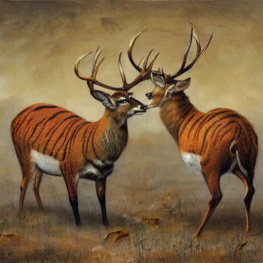 Image similar to a painting of deer in tiger skin and tiger in deer skin facing each other, their heads bowed towards ground by esao andrews