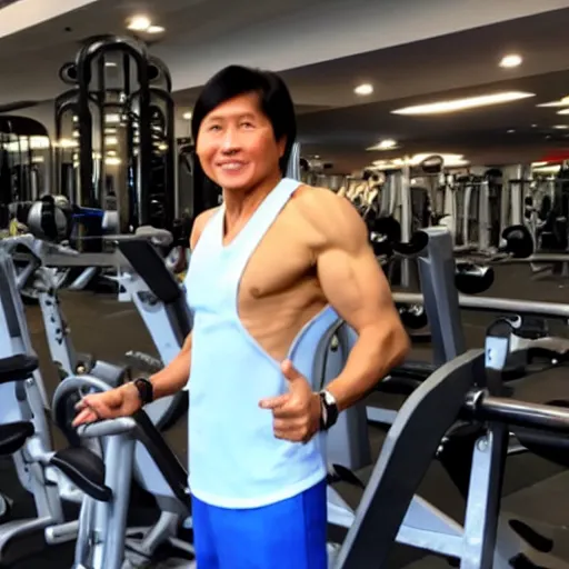 Image similar to A very muscular BongBong Marcos flexing in the gym