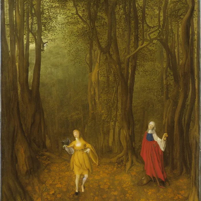 Prompt: a harpy in a foggy forest, by Jan van Eyck
