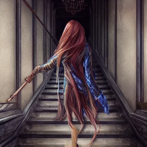 Image similar to maiden with copper hair, in blue and silver rustic wedding robes with metallic inlays, walking down a marble stairwell, realistic, mysterious lighting, muted colors, fog, highly detailed, digital painting, Artstation trending, illustration, artist style by deviantart artists skfuu and skunkyfly and nixeu, anime realism