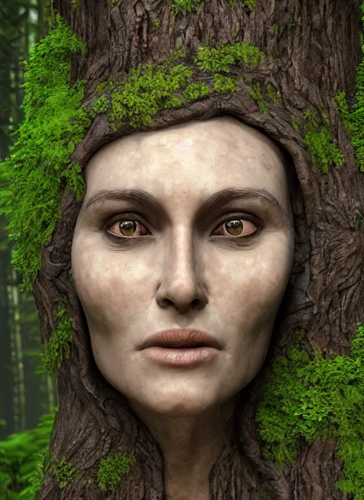 Image similar to photograph of hyperrealistic hyperdetailed ancient woman face in the shape of a tree covered with bark and moss, in a dark mysterious forest, unreal engine, octane,