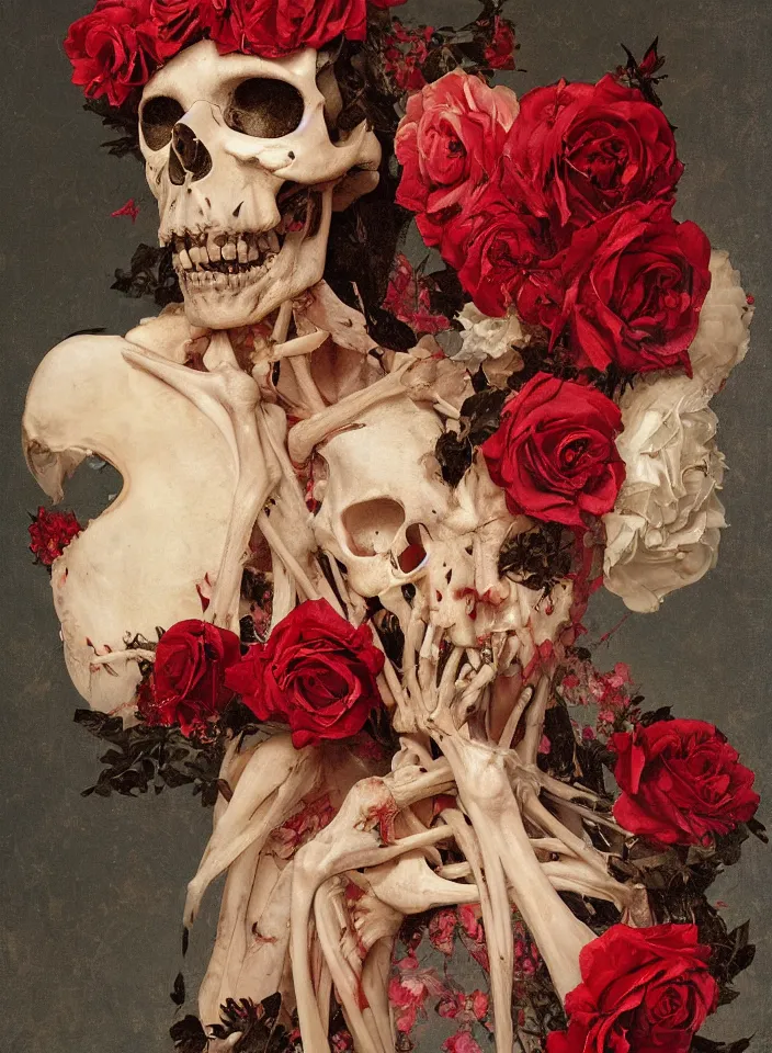 Image similar to transparent woman in a mask of a bird\'s skull with a wreath of roses, dressed in a dress of red boiling liquid wax, from under which the bones of the skeleton are visible, flying around the bird, buds and rose petals, dark background, painted by Caravaggio, Greg rutkowski, Sachin Teng, Thomas Kindkade, Alphonse Mucha, Norman Rockwell, Tom Bagshaw.