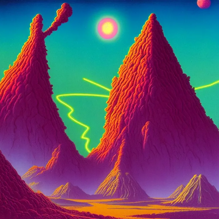 Image similar to pink inca spaceport, volcano valley, ( ( ( synthwave ) ) ), bright neon colors, highly detailed, cinematic, tim white, michael whelan, roger dean, bob eggleton, philippe druillet, vladimir kush, kubrick, haeckel, alfred kelsner