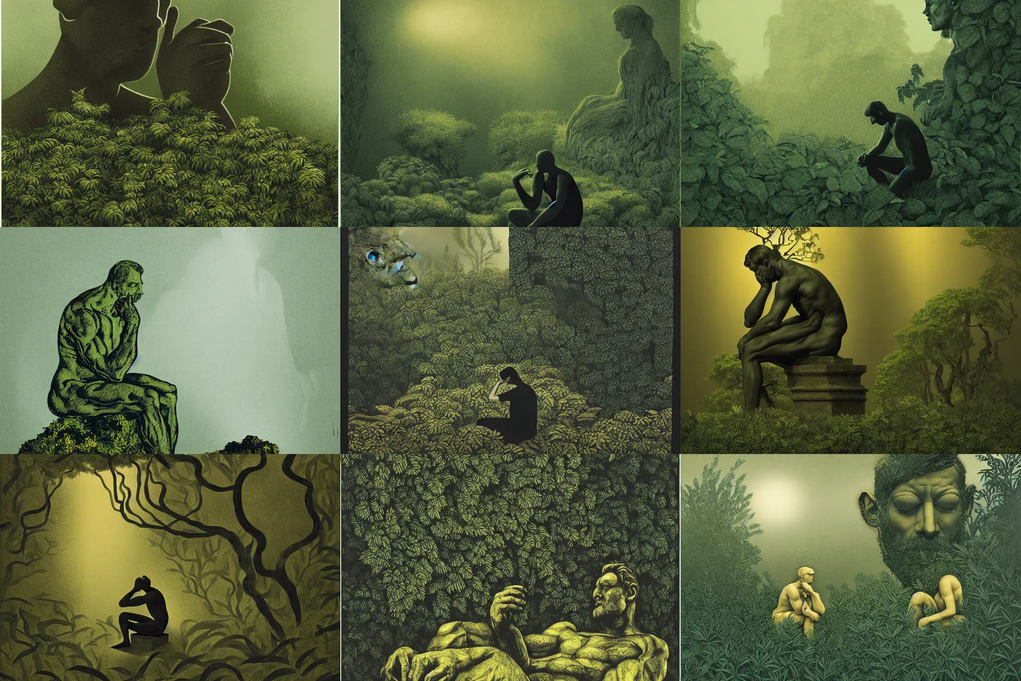 Prompt: editorial illustration by karolis strautniekas and mads berg, illustrated rodin's the thinker surrounded by lush small bushes, fog, fine texture, green + gold + black, detailed, muted colors, dramatic lighting, dynamic composition, vivid, matte print, wide angle, ( ( sunbeams ) ), moody