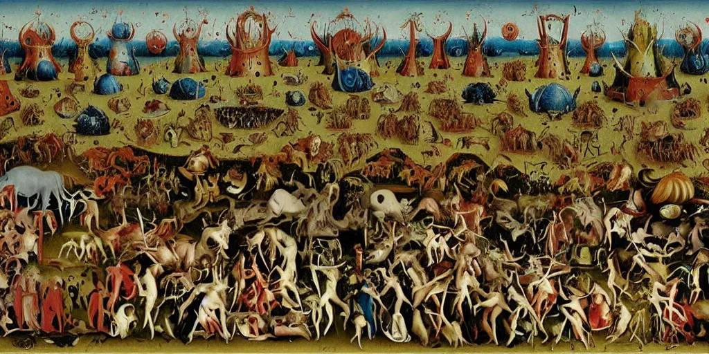 Image similar to A scene from hell, Garden of Earthly Delights painting style.