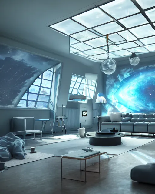 Prompt: artstation scifi scene of a safe room as ikea ad, lounge furniture, sky mural on the room ceiling, holographic art walls, windows, large terrarium, paneled walls, unreal engine 5, hyper realism, realistic shading, cinematic composition, blender render, octane render, hdr, detailed textures, photorealistic, wide shot