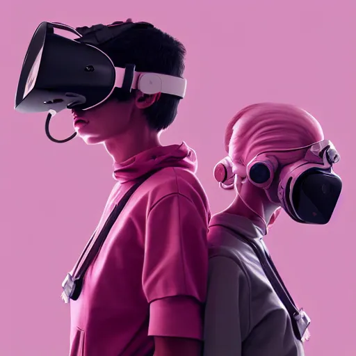 Image similar to intense futuristic bespoke vr headset respirator on a set of twin ninja hypebeasts, by ilya kuvshinov and james jean and sorayama and ikeuchi and hiroya oku and gilleard james, artstation trending, 8 k, 3 d render, photorealistic, volumetric lighting caustics, pink