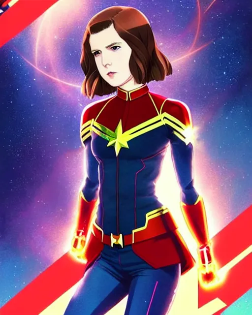 Image similar to Anime as Anna Kendrick playing Captain Marvel || cute-fine-face, pretty face, realistic shaded Perfect face, fine details. Anime. realistic shaded lighting poster by Ilya Kuvshinov katsuhiro otomo ghost-in-the-shell, magali villeneuve, artgerm, Jeremy Lipkin and Michael Garmash and Rob Rey as Captain Marvel in New York cute smile