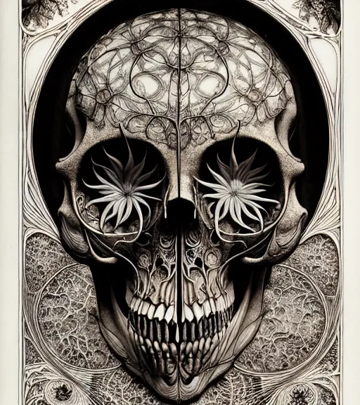 Image similar to art forms of nature by ernst haeckel, memento mori by arthur rackham, ornate antique porcelain beautiful skull mask, ultrasharp, photorealistic, hyperdetailed, octane render, polished, art nouveau, neo - gothic, gothic, intricate ornamental organic filigree, art nouveau botanicals, art forms of nature by ernst haeckel, horizontal symmetry, symbolist, visionary