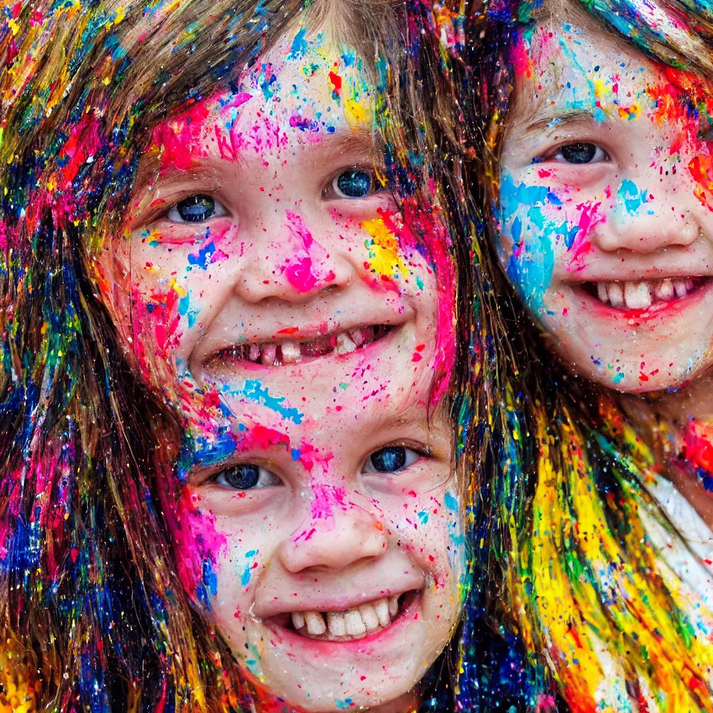 Prompt: Close up of a happy young girls face splattered with paint, painted in the style of the old masters, painterly, thick heavy impasto, expressive impressionist style, painted with a palette knife