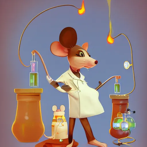 Image similar to anthropomorphic mouse furry girl in the lab coat catsing fireball, pixar style, concept art, character turnaround, trending on artstation, childrens illustrated storybook, by jay naylor, alphonse mucha and cory loftis and matthias lechner