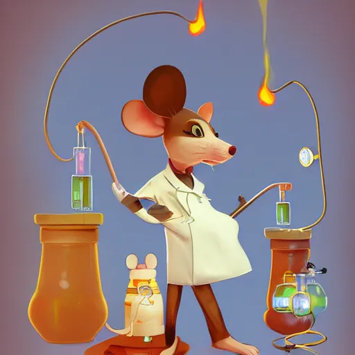 Prompt: anthropomorphic mouse furry girl in the lab coat catsing fireball, pixar style, concept art, character turnaround, trending on artstation, childrens illustrated storybook, by jay naylor, alphonse mucha and cory loftis and matthias lechner