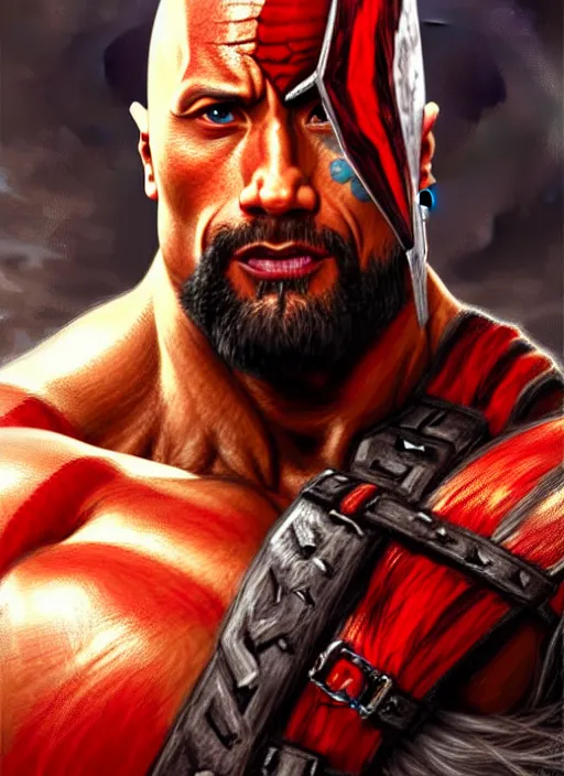 Image similar to portrait ofdwayne johnson as kratos, d & d, muscular! fantasy, intricate, elegant, highly detailed, digital painting, artstation, concept art, smooth, sharp focus, illustration, art by artgerm and greg rutkowski and alphonse mucha